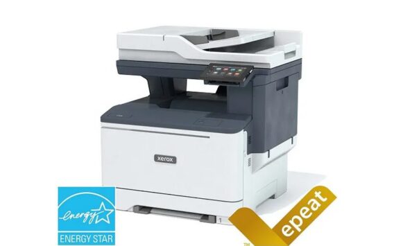 Xerox® C325 multifunctionele kleurenprinter met Energy Star- en EPEAT-certificeringen weergegeven in respectievelijk de linker- en rechterbenedenhoek.